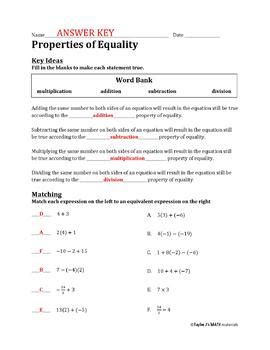 properties of equality worksheet grade 6